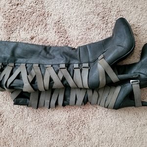 JustFab Strappy Black and Grey Heel Boots